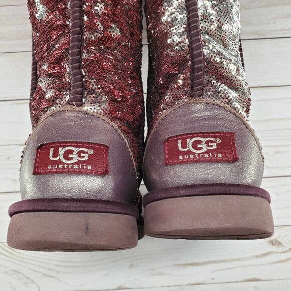 UGG Sparkling Sequins Burgundy Silver Grey Classic Short Boots Size 6 SN 1002978 - Picture 10 of 12
